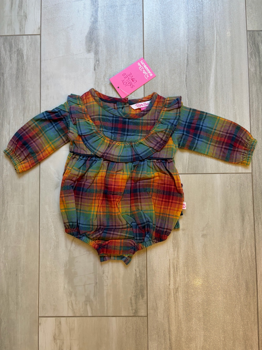 NWT RuffleButts Storybook Rainbow Plaid Ruffled Long Sleeve Bubble Romper 0-3M